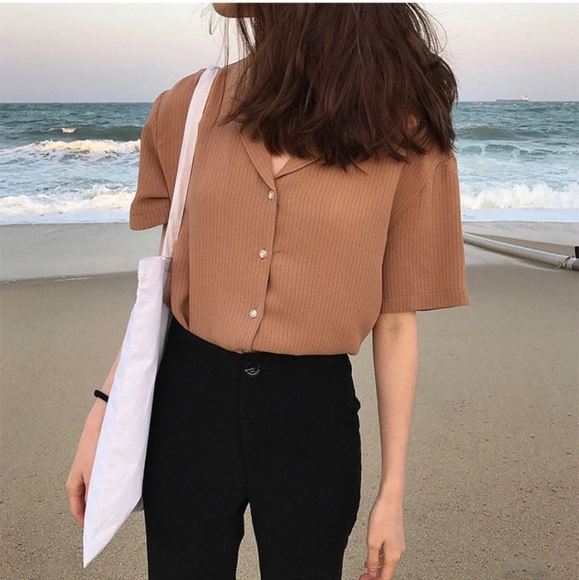 korean kstyle k-style brown blouse shirt top button-up short sleeve - Picture 1 of 3